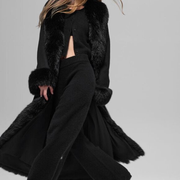 Alo Yoga Faux Fur Trimmed Longline Coat Regular Black - Picture 1 of 6